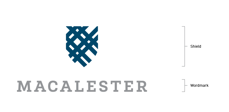 Macalester's primary logo has a blue shield at the top with the college's wordmark written in gray below it.